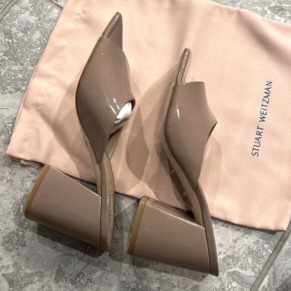 Stuart Weitzman Tia 85 Flared Block Heel Sandals Fawn Patent Leather, New Size 9 - Picture 2 of 7